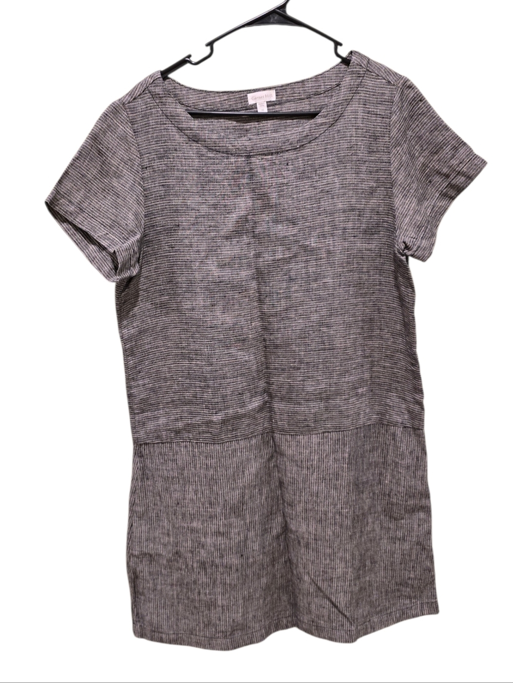 Garnet Hill 100% Linen Gray Heathered Dropwaist Short-Sleeve Midi Dress - Picture 2 of 9